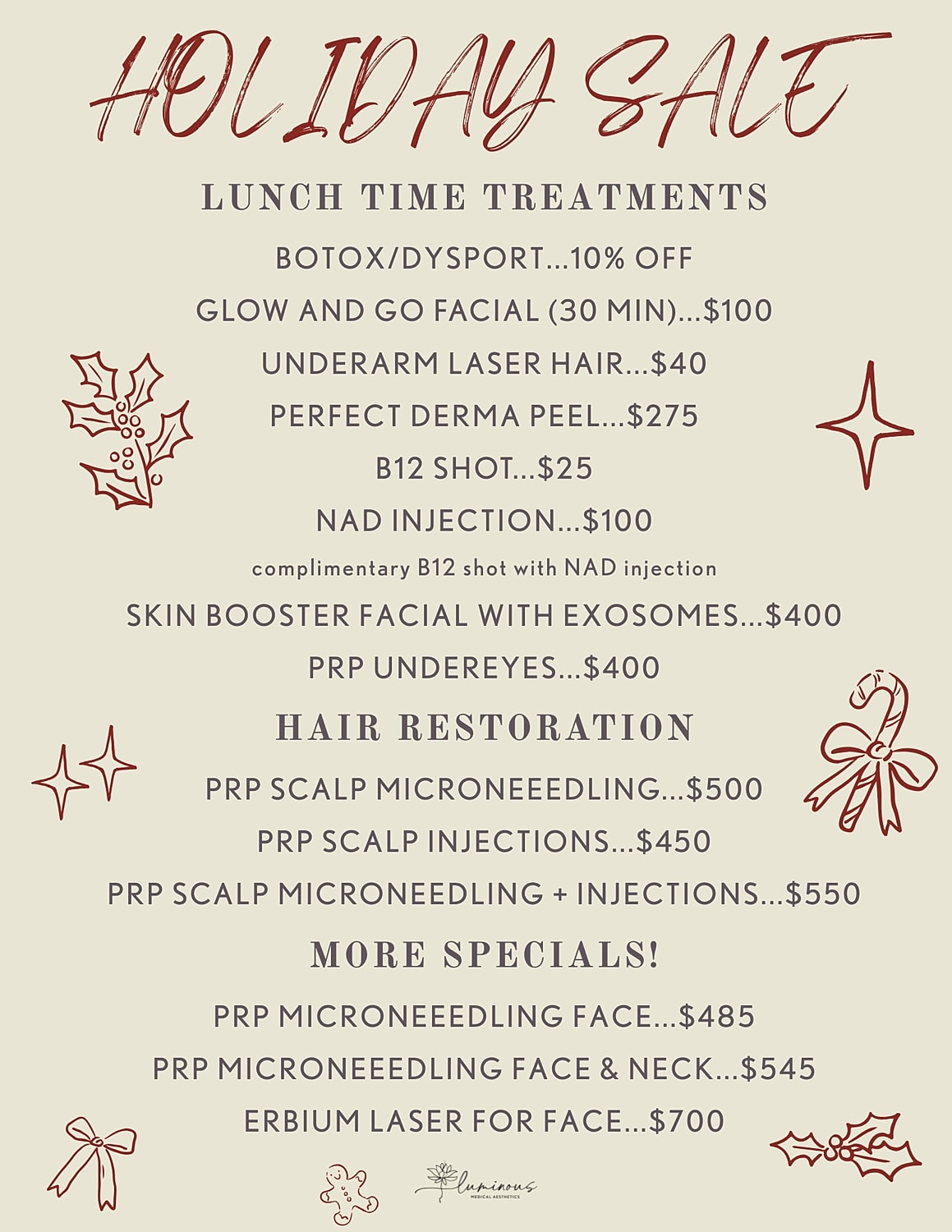 Holiday sale on beauty treatments and services.